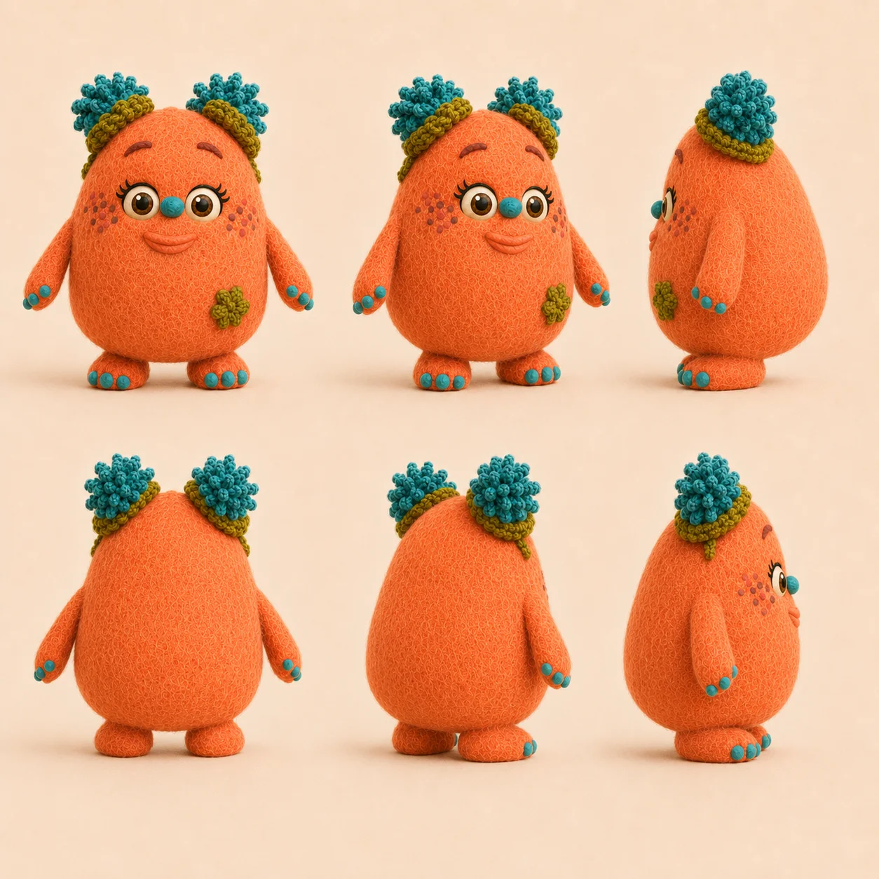 Møssi turnaround sheet: six views of the orange felt character, front, sides and back, on a cream background.