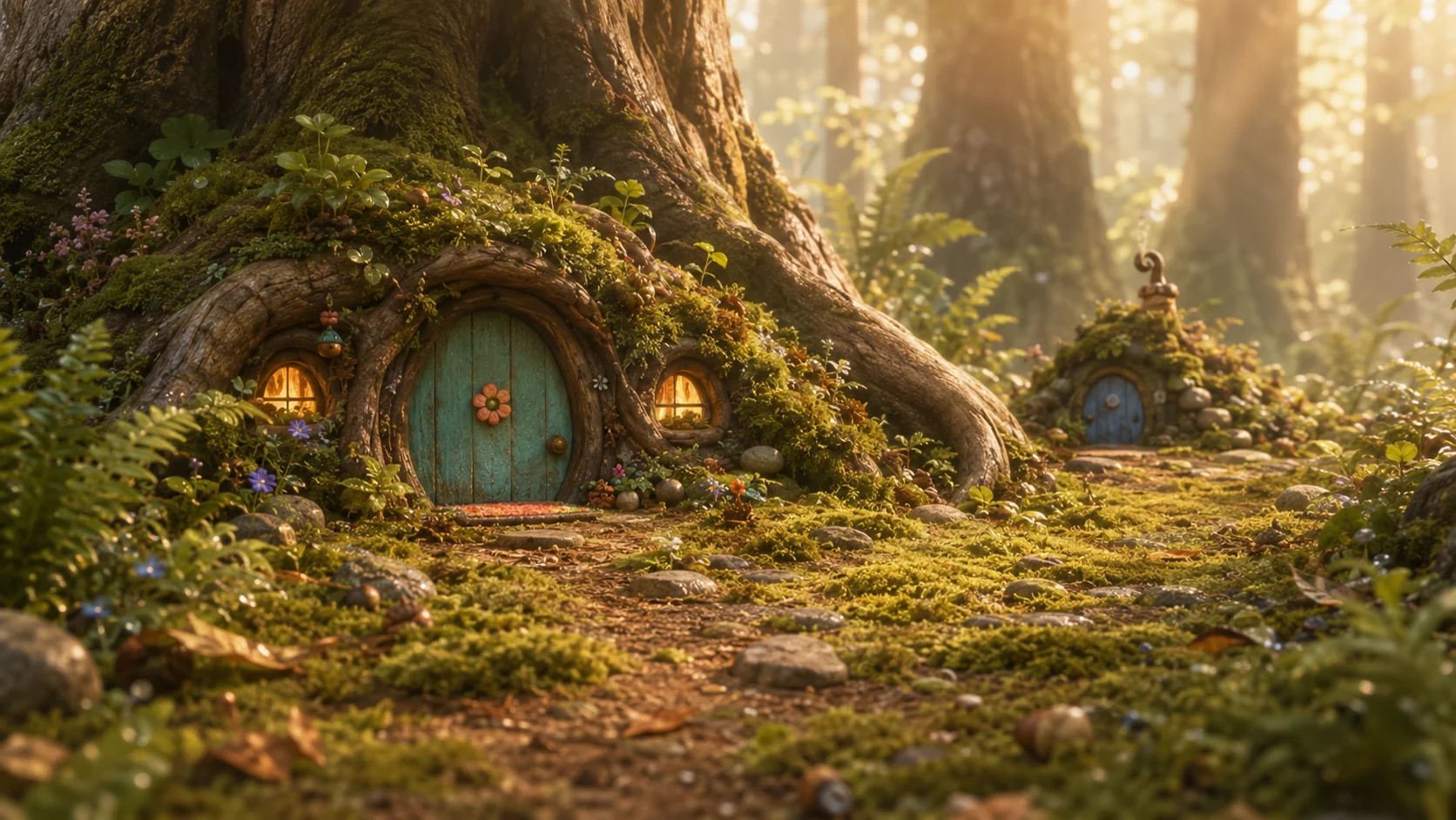 The root home: a round green door with glowing windows in the roots of a big tree, in a mossy forest.