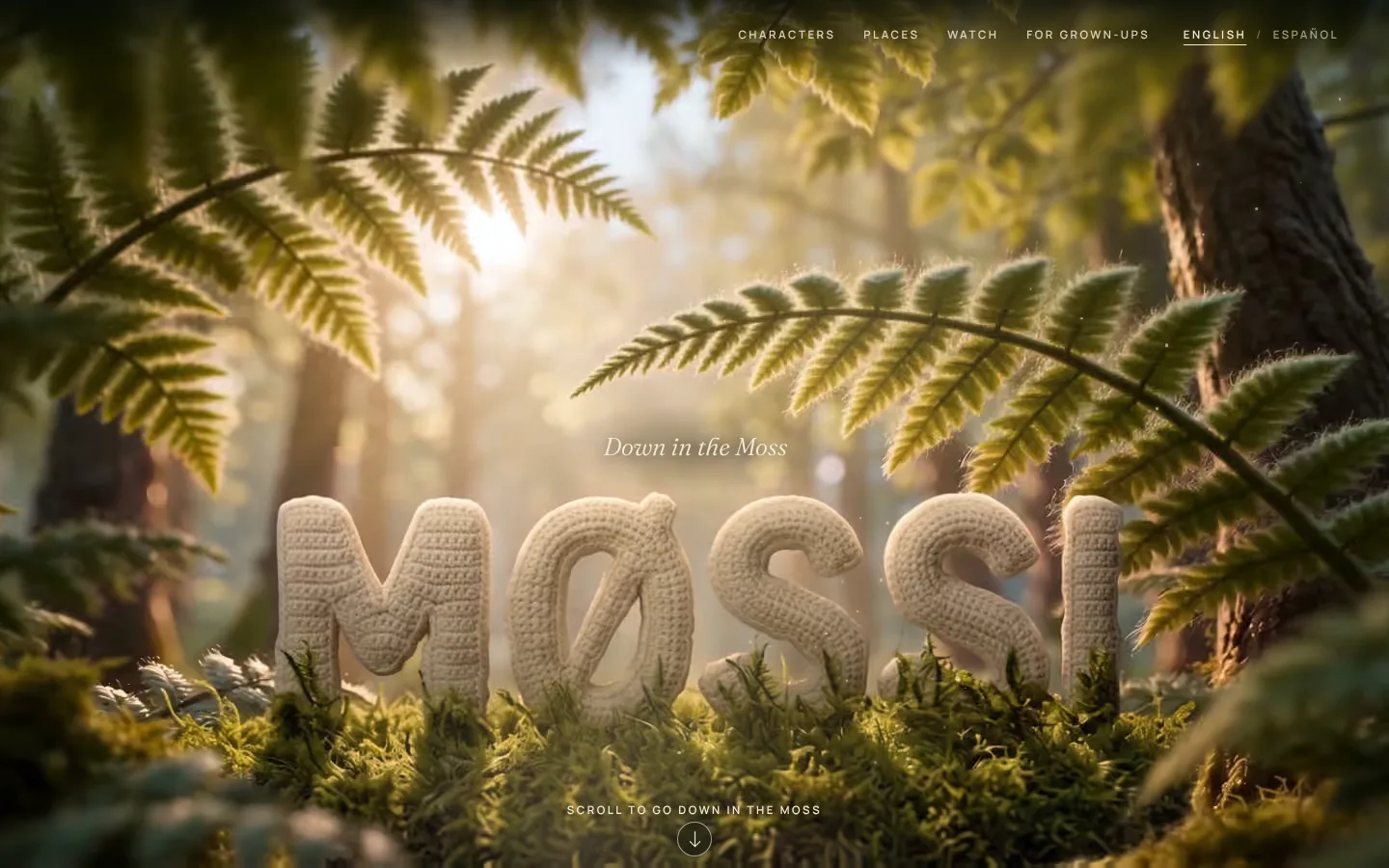 downinthemoss.com opening screen: the knitted MØSSI title in the moss, under fern leaves.