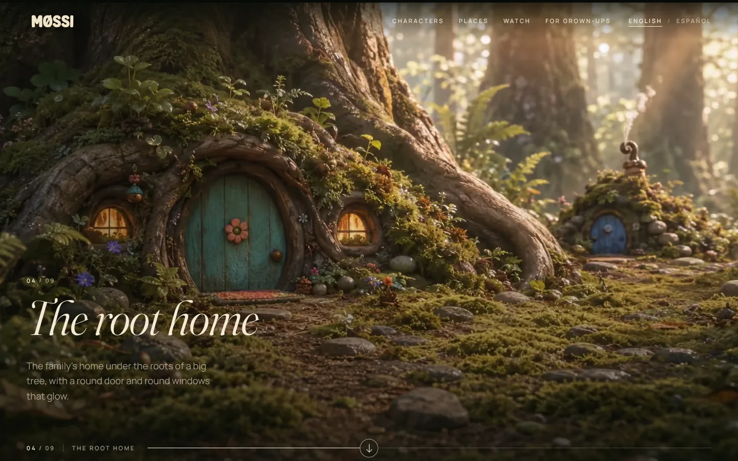 downinthemoss.com, “The root home”: the round door in the roots of a big tree.