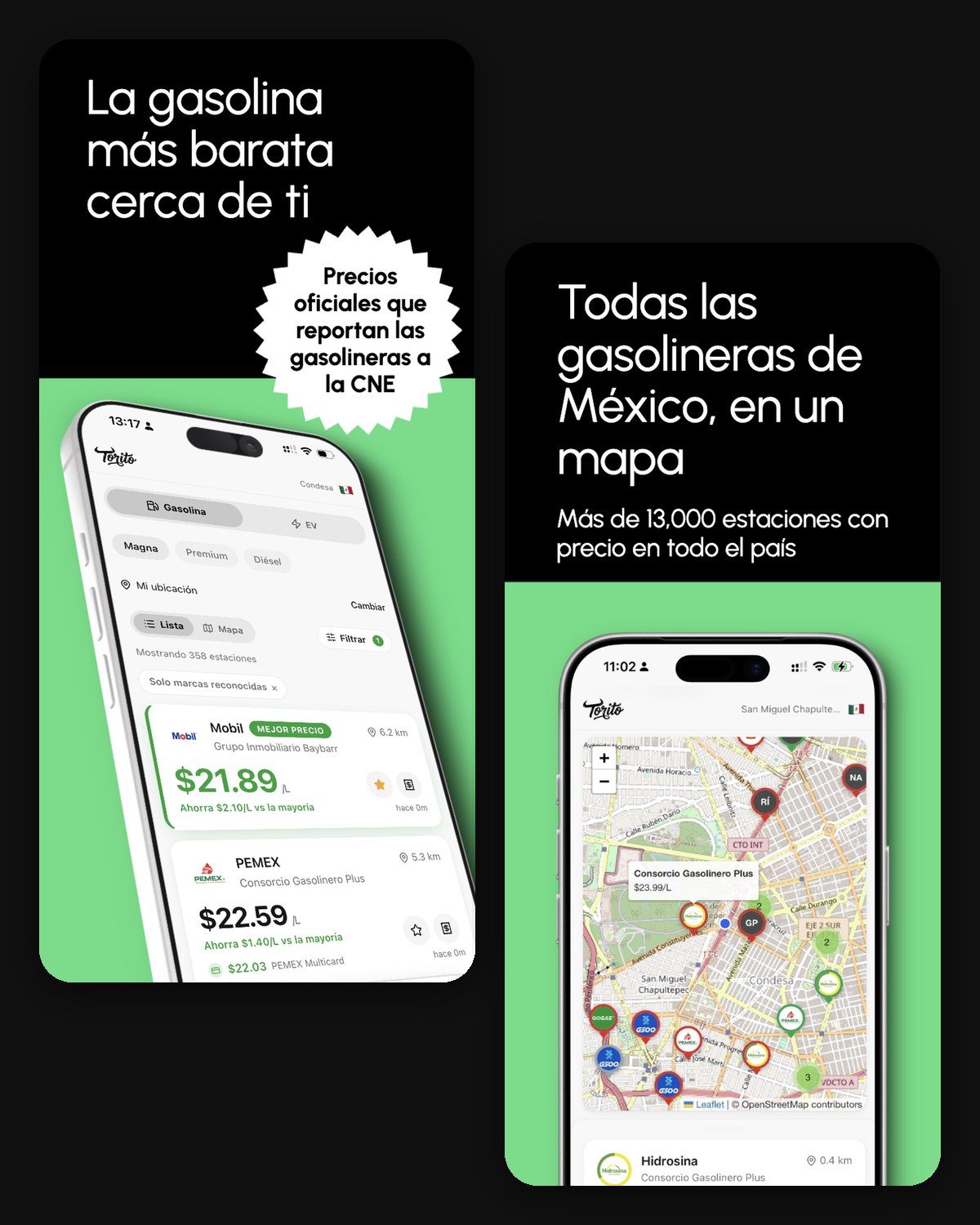 Torito app screenshots: cheapest gas nearby and all stations on a map